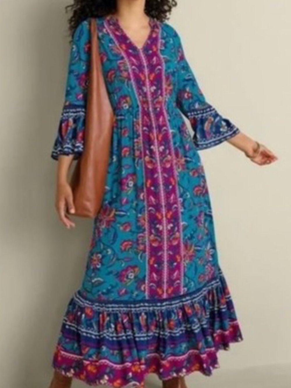 Soft Surroundings Allene Teal Floral Boho Tiered Maxi Dress in Women's Large - Picture 8 of 12